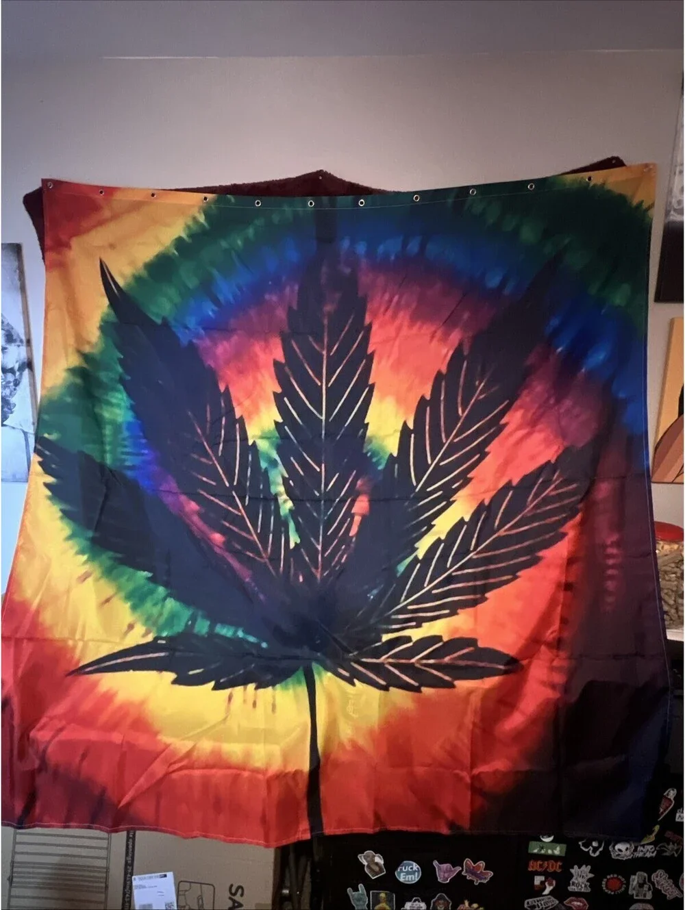 Trippy tyedye rainbow marijuana leaf shower curtain Bathroom